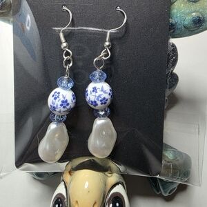 mine Blue Floral Porcelain and Pearl Drop Earrings